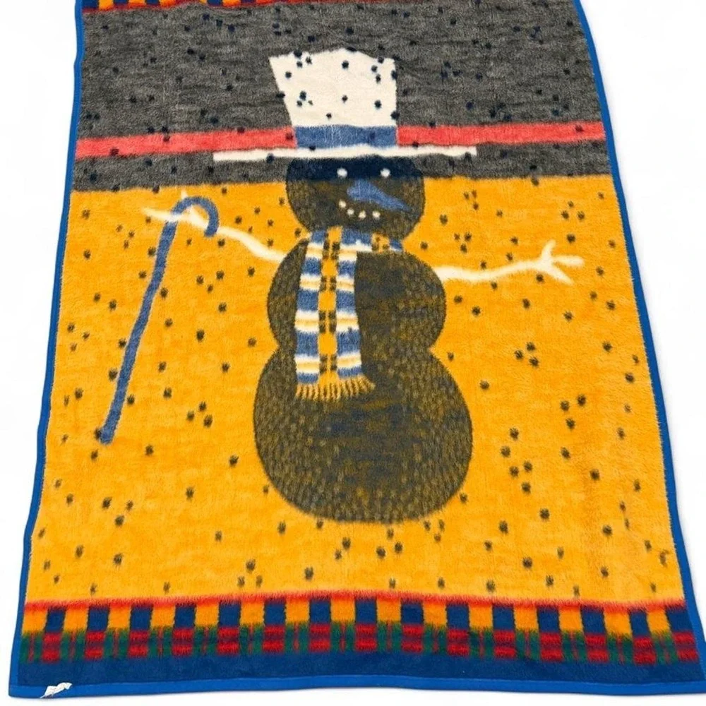 Vintage Biederlack Blanket Snowmen Snowman Winter Blue Reversible 74